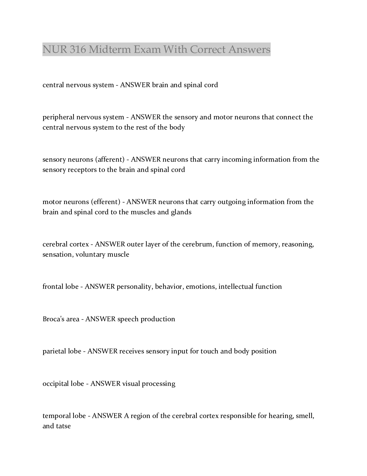 Preview image for NUR 316 Midterm Exam With Correct Answers